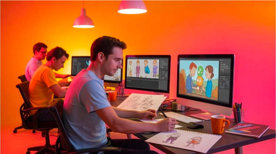 Animators working on explainer videos of different products